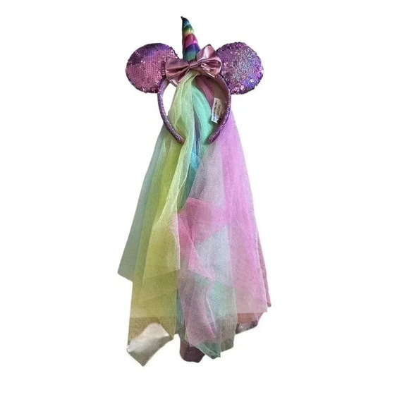 Disney Other - Disney Parks Minnie Mouse Ears Pink Purple Sequin Unicorn Rainbow Veil Headband